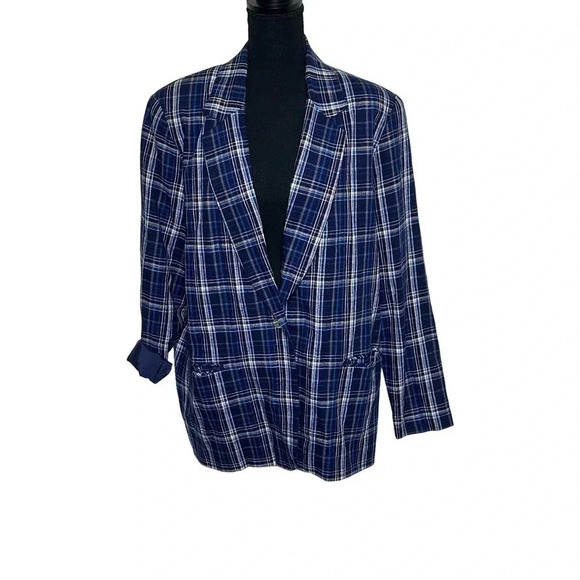 Vintage Requirements 16 blue plaid linen blend blazer with shoulder pads - Picture 1 of 6